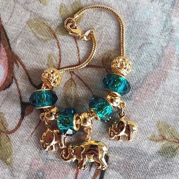 Dark Faceted Teal 18kt Gold Plated Puffed Lucky Elephant Segmented Bracelet NEW - Picture 11 of 11